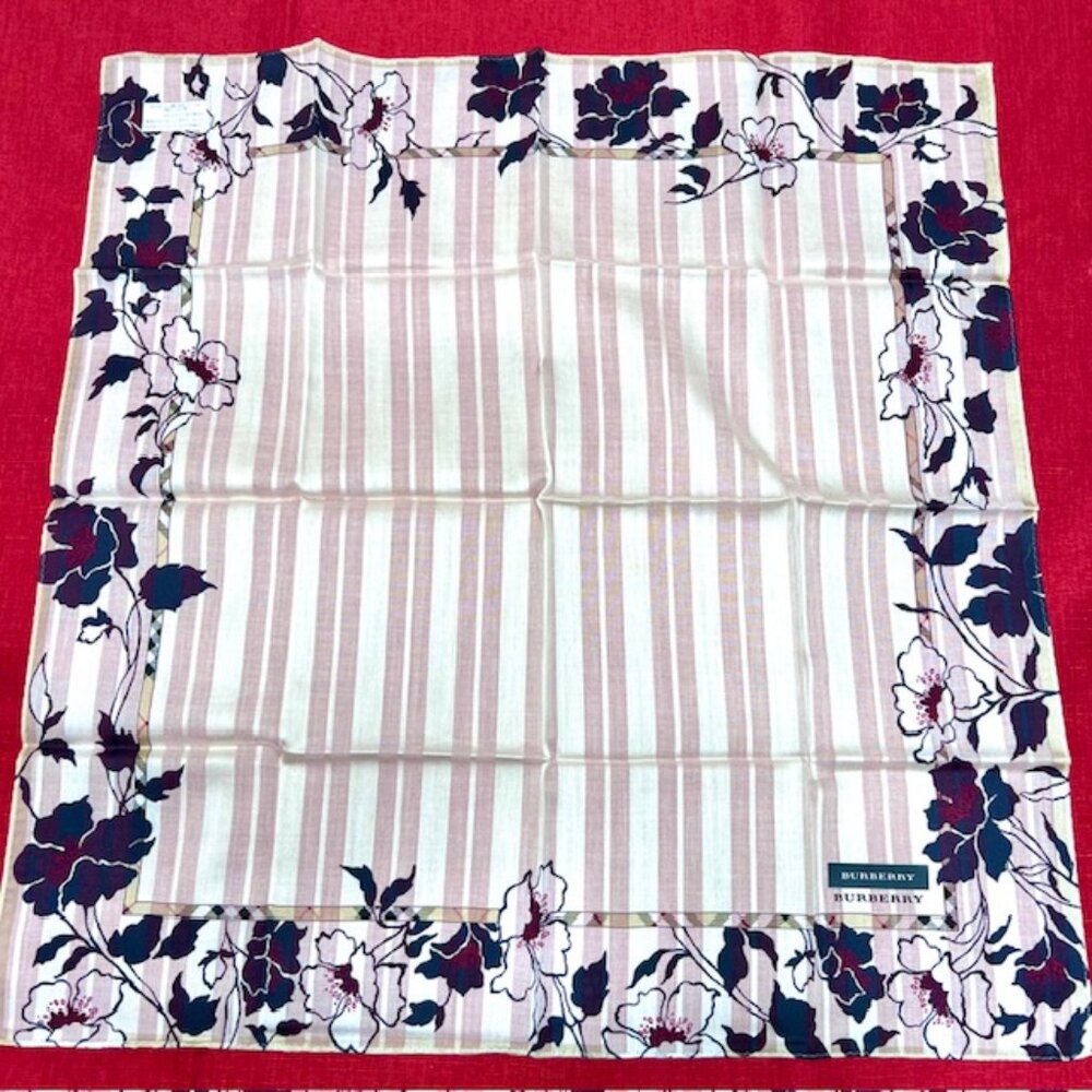 New  Burberry Miniscarf/handkerchief  20"Cotton/silk ivery purle black flora(31 - Picture 3 of 5
